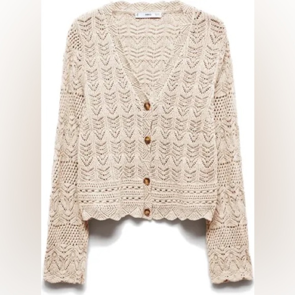 Mango‎ MNG Sito Open Stitch Knit Beige Button Cardigan Sweater